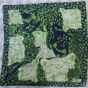 Givenchy Green-Blue Silk Scarf. Leopard Motifs. Hand Rolled Edges. Paris. 30x30